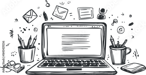 Black and white sketch illustration of a laptop on a desk surrounded by stationery and communication icons