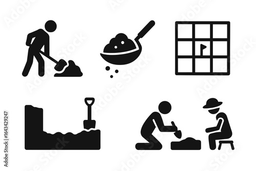 Excavation Icon Set Solid Filled Vector, Digging Soil, Sifting Soil, Site Grid, Trench, Archaeological Team, Digging Tools, Archaeology Process, Soil Sampling, Excavation Work, Vector Illustration