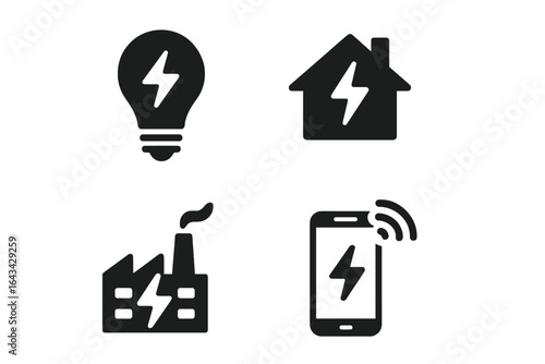 Energy Icons Grid with Solid Filled Vector Symbols of Light Bulb, Home Energy Meter, Factory Power Usage, and Smart Mobile Charging Illustration on Transparent Background