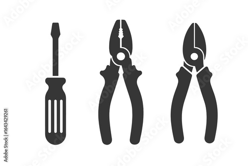 Electrical Tools Icons Set, Solid Filled Vector Illustration of Screwdriver, Pliers, Wire Cutter Used by Electrical Repair Workers on Transparent Background