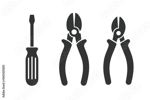 Solid Electrical Tools Icons Vector Set with Screwdriver, Pliers, and Wire Cutter for Electrical Repair and Maintenance Work, Transparent Background Illustration