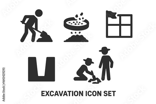 Excavation Icon Set, Solid Filled Vector Icons Showing Archaeological Digging, Soil Sifting, Excavation Trench, Site Grid, and Archaeological Team Actions on Transparent Background