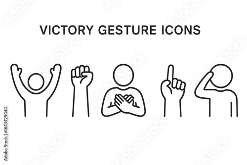 Victory Gesture Icons Set, Hand Signs of Celebration, Success and Unity, Line Art Human Figures Expressing Triumph and Confidence, Positive Emotions Symbol Collection