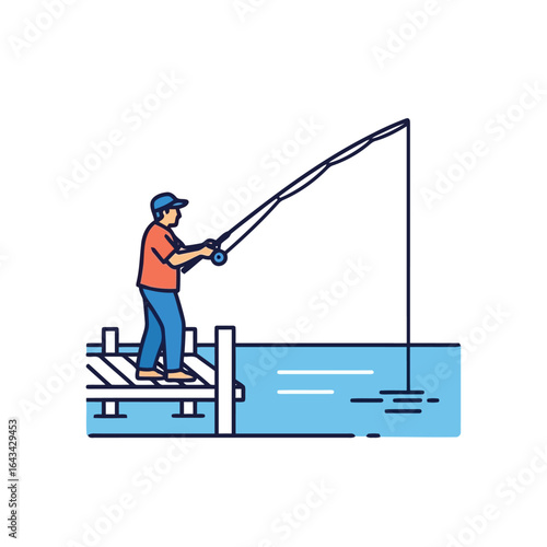 Vector art of man fishing from a wooden pier with a long fishing rod and line