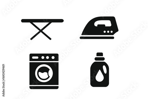 Laundry and Fabric Care Essentials Solid Vector Icons Set. Ironing Board, Clothes Iron, Washing Machine, Fabric Softener Bottle Isolated. Household Cleaning, Garment Maintenance, Laundry Room Supplies