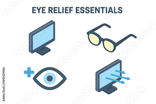 Eye strain relief essentials isometric vector set. Computer monitor, blue light blocking glasses, healthy vision, digital eye protection, prevention tips, flat icons for office workspace health.