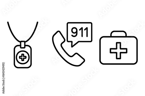 Emergency medical alert icons set for elderly safety. Vector outline illustration of emergency necklace button, 911 phone call, first aid kit. Lifesaving response, healthcare, seniors protection.