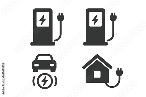 Electric Vehicle Charging Icons Set, Solid Filled Vector Illustration of Fast Charger, Standard Charger, Wireless Charging Pad, and Home Charging Station on Transparent Background