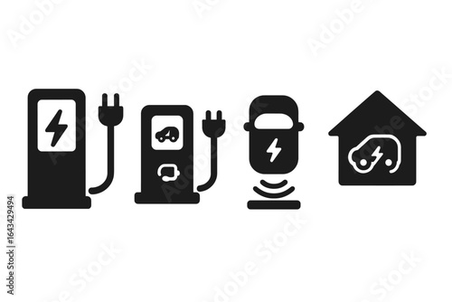 Electric Vehicle Charging Icons, Solid Filled Set of EV Chargers, Fast Charger, Standard Charger, Wireless Charging Pad, Home Charging Station, Vector Illustration