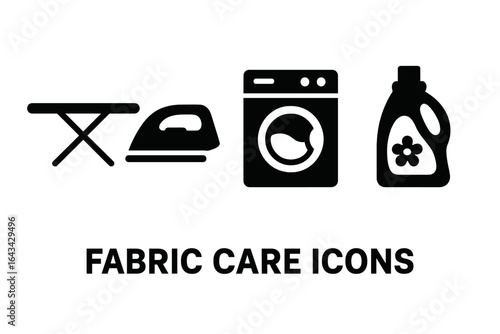 Black Solid Fabric Care Icons Set. Vector Illustration of Ironing Board, Iron, Washing Machine, Laundry Detergent Bottle. Household Textile Cleaning Symbols for Laundry, Clothing, Washing Instructions