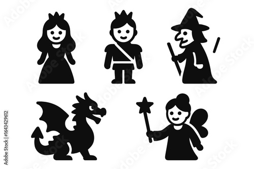 Fairy Tale Silhouette Icon Set. Classic Fantasy Characters Princess, Prince, Witch, Dragon, Fairy Godmother. Black Vector Illustration. Storybook, Magic, Fairytale Clipart, Transparent Background