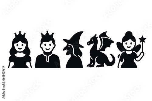 Solid Filled Fairy Tale Characters Icon Set. Princess, Prince, Witch, Dragon and Fairy Godmother Vector Illustration. Fantasy Royalty, Magical Creatures, Enchanted Storybook Silhouettes for Kids.