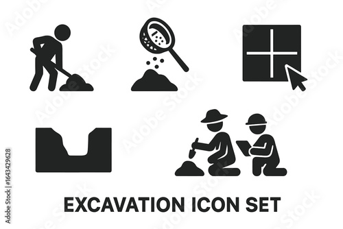 Excavation Process Icon Set. Solid vector illustration of digging, sifting soil, site grid, trench cut, archaeological team, construction, earthworks, fieldwork, shovel, tools, teamwork, engineering.