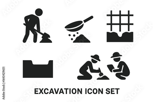 Excavation Icon Set, Solid Filled Vector Icons of Digging, Soil Sifting, Site Grid, Trench, Archaeological Team at Work, Construction and Archaeology Process Illustration