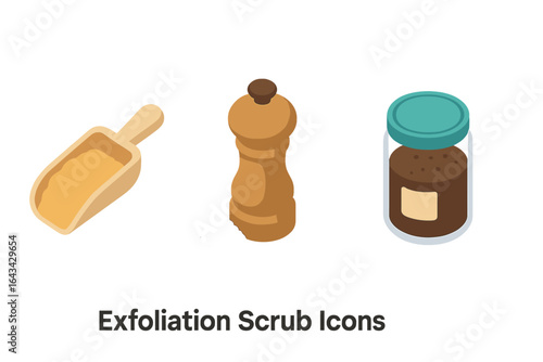 Isometric Exfoliation Scrub Icons Set, Flat Vector Illustration of Crafting Sugar Scoop, Salt Grinder, and Coffee Grounds Jar for Beauty and Skincare
