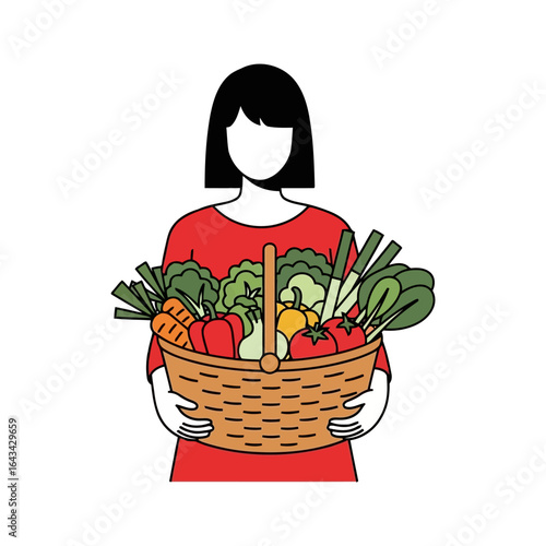 Vector art of woman holding a basket full of fresh vegetables isolated on white background