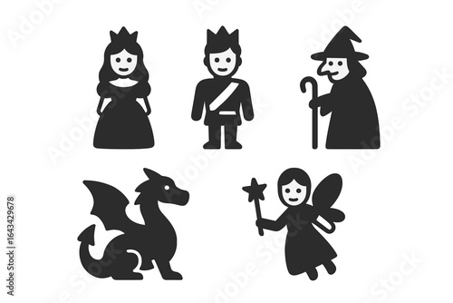 Classic Fairy Tale Characters Vector Icon Set. Solid filled illustrations of princess, prince, witch, dragon, fairy godmother. Magical fantasy storybook silhouettes, fairy tale symbols for design