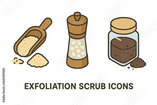 Exfoliation scrub icons set. Isometric vector illustration with sugar scoop, salt grinder, coffee grounds jar for skincare routine, beauty, spa, natural body care, wellness product, organic cosmetics.