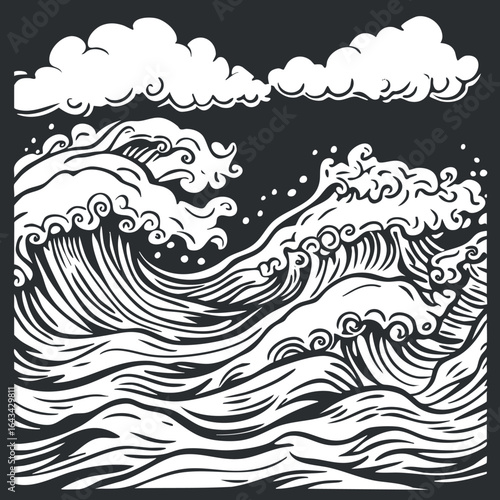 Black and white illustration of turbulent ocean waves with clouds in the sky showing dynamic water motion