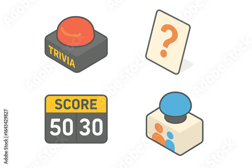 Isometric Family Trivia Game Icon Set. Trivia Night Buzzer, Question Mark Card, Scoreboard, Team Buzzer. Vector Illustration for Game Night, Quiz Show, Party Competition, Board Game Concepts