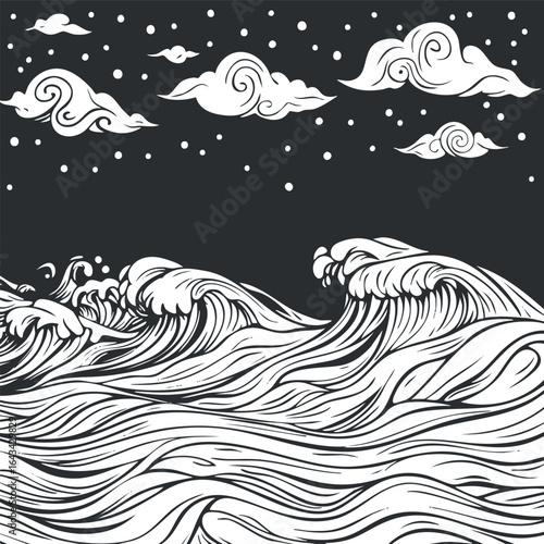 Black and white illustration of ocean waves with swirling clouds and dots in the sky