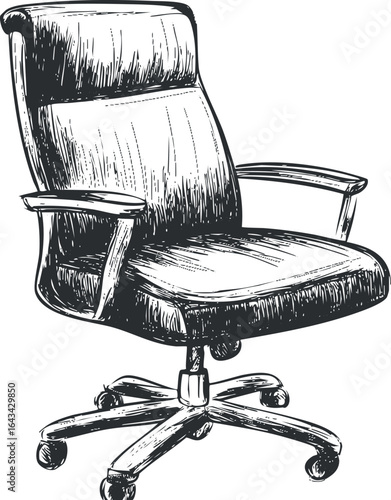 Black and white sketch of a modern office chair with armrests and wheels for workspace comfort