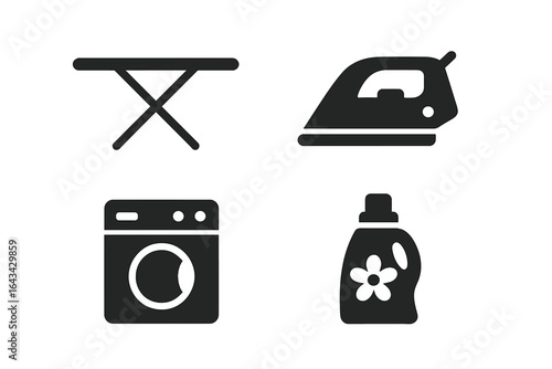 Fabric care essentials vector icon set, solid style, laundry equipment symbols, ironing board, electric steam iron, washing machine, liquid detergent bottle, home textile cleaning tools