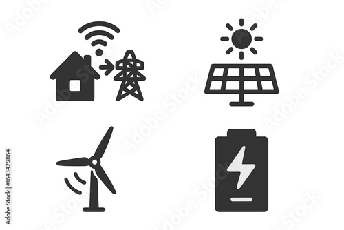 Smart Energy Management Icons Set. Solid Filled Vector Style: Smart Grid Home, Solar Panel, Wind Turbine, Battery Storage, Renewable Power Symbols, Electricity Generation, Clean Sustainable Technology