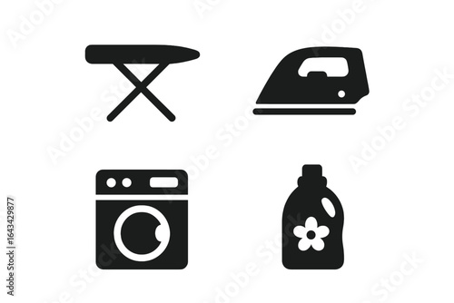 Fabric Care Essentials Solid Filled Icon Set Including Ironing Board, Iron, Washing Machine, Fabric Softener Bottle, Household Laundry Tools Vector Illustration on Transparent Background