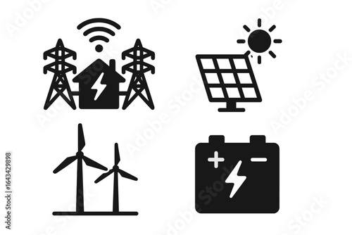 Smart Energy Management Solid Vector Icons Set. Power Grid House, Renewable Solar Panel, Wind Turbine Farm, Battery Storage. Sustainable Green Electricity, Clean Technology, Modern Utilities.
