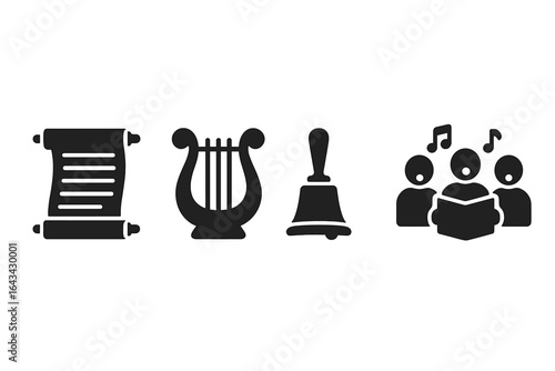 Early Christian Hymn Symbol Icons Set. Ancient scroll, lyre harp, hand bell, singing choir group. Black solid vector illustration isolated. Religious music, worship, faith, biblical liturgy, praise.
