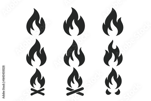 Fire flame icon set. Campfire, bonfire, flame silhouette. Burning fire, blaze, heat symbol. Black vector illustration set. Pyre, flame shapes, camping signs. Simple isolated fire emblem icons.