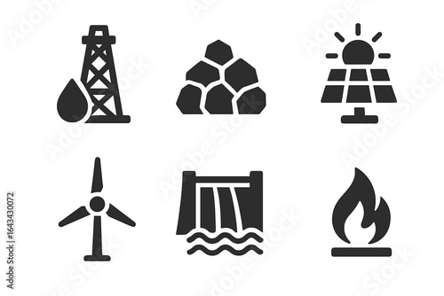Energy Resources Icon Set. Black Solid Vector Symbols of Oil Rig, Coal, Solar Panel, Wind Turbine, Hydroelectric Dam, Natural Gas Flame. Renewable and Nonrenewable Energy Source Concepts Collection.
