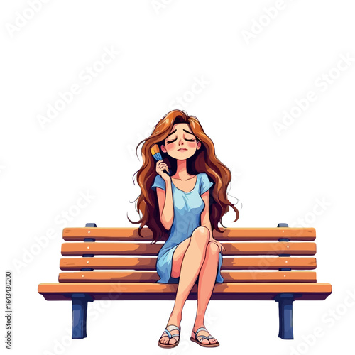 Vsai sad woman holding ice cream sitting on bench, summer heat exhaustion