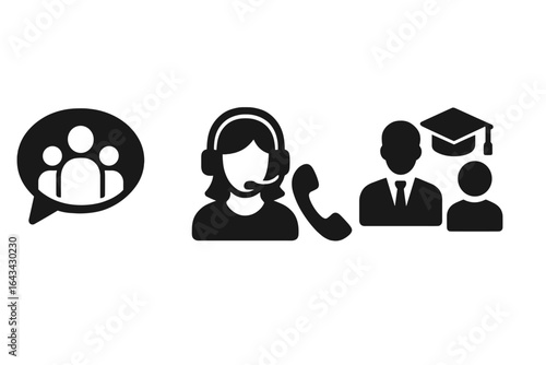Family Support Icons Set, Solid Filled Vector Symbols for Counseling, Hotline Support, School Advisor, and Family Guidance, Transparent Background