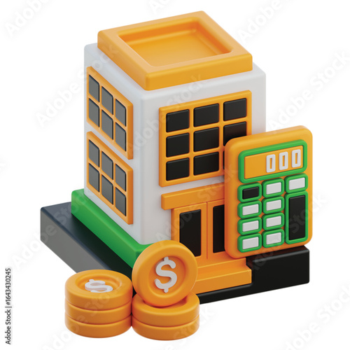 A 3D illustration of a commercial building with a calculator and dollar coins, symbolizing business finance, real estate investment, and accounting.