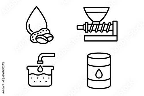 Peanut oil production outline icons set. Cold press, expeller screw machine, filtration unit, oil storage drum, liquid drop. Extraction process steps. Earthnut oil plant. Editable vector illustration.