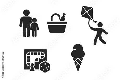 Family Fun Icons Set, Solid Filled Vector Illustrations of Parent and Child, Picnic Basket, Kite Flying, Board Game, Ice Cream Cone, Leisure and Outdoor Activities Symbols
