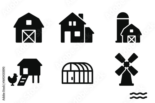 Farm Building Icons Collection. Barn, Farmhouse, Silo, Chicken Coop, Greenhouse, Windmill, Water Vector Set. Rural Agriculture Silhouette Design. Farming Elements Isolated on Transparent Background