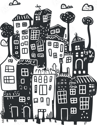 Black and white hand-drawn cityscape illustration featuring clustered buildings and trees with simple outlines