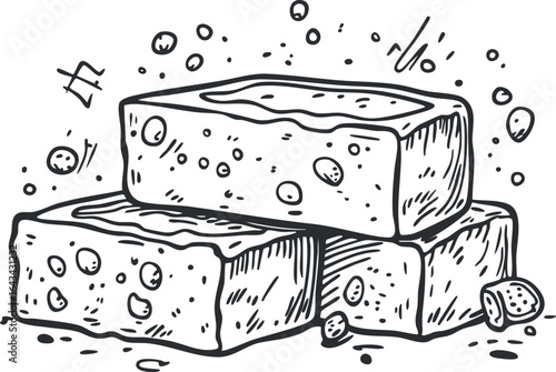 Hand drawn illustration of three rectangular soap bars with bubbles and lather around them