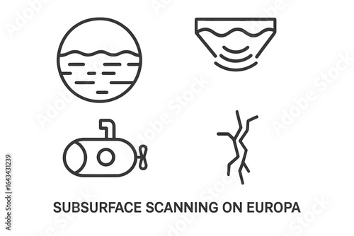 Subsurface scanning on Europa ice layer with sonar beams, submersible exploration, and ice crack outlines, vector set illustrating extraterrestrial underwater research and planetary science technology