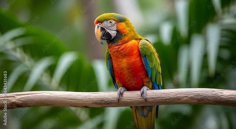 Obraz premium Vibrant Parrot Perched on a Branch Amidst Lush Greenery, Close-Up View