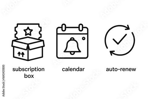 Subscription service benefits outline icon set. Vector icons: subscription box, calendar reminder, auto-renew. Membership, loyalty program, recurring payment, e-commerce.