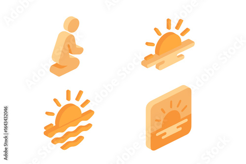 Sunrise prayer icon set. Isometric flat vector symbols of a kneeling person, rising sun over sea and horizon. Morning hope, meditation, new day spirituality concepts.