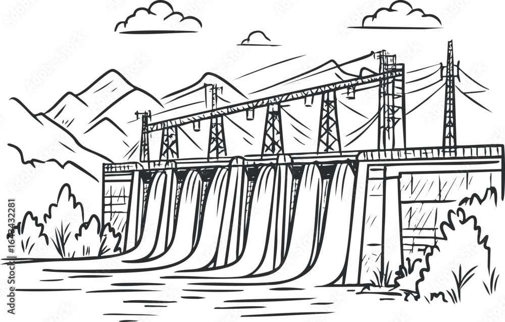 Obraz premium Black and white illustration of a hydroelectric dam with water flowing and mountains in the background