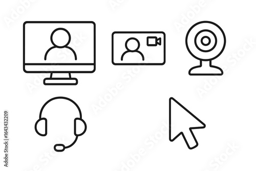 Telemedicine Icon Set Outline, Vector Medical Technology Icons for Remote Healthcare Sessions, Video Call Computer Screen, Webcam, Headset, Mouse Cursor Illustration