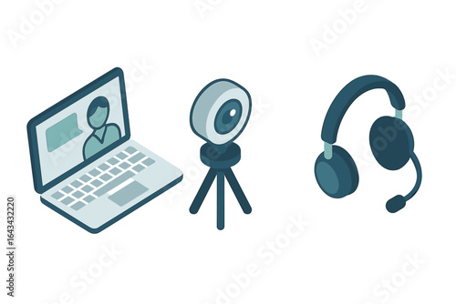 Isometric Teletherapy Icon Set with Laptop Video Call, Webcam on Tripod, Headset with Microphone, Online Therapy Tools, Remote Counseling Equipment Vector Illustration