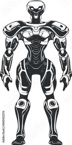 Black and white illustration of a futuristic humanoid robot with a sleek armored design standing upright.