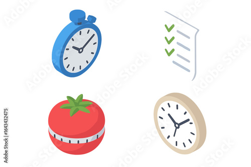 Isometric Time Tracking Icons Set, Productivity Stopwatch, Timesheet Checklist, Pomodoro Timer Tomato, Classic Clock Vector Illustration